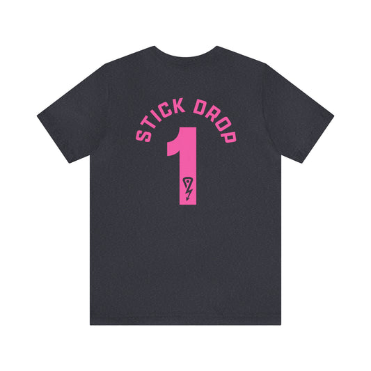 Heather Navy Short Sleeve T-shirt with hot pink Stick Drop Lax logo