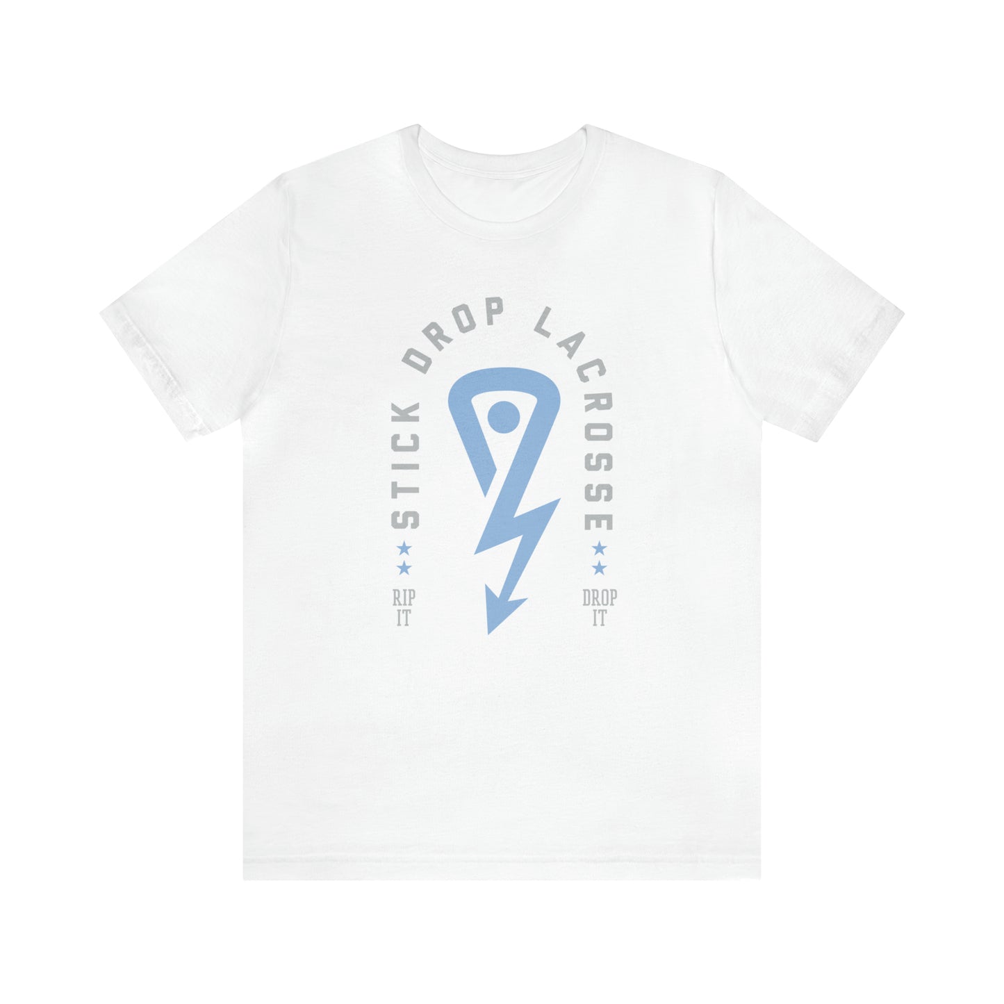 White Stick Drop Lacrosse Arch Logo T with gray writing and light blue logo