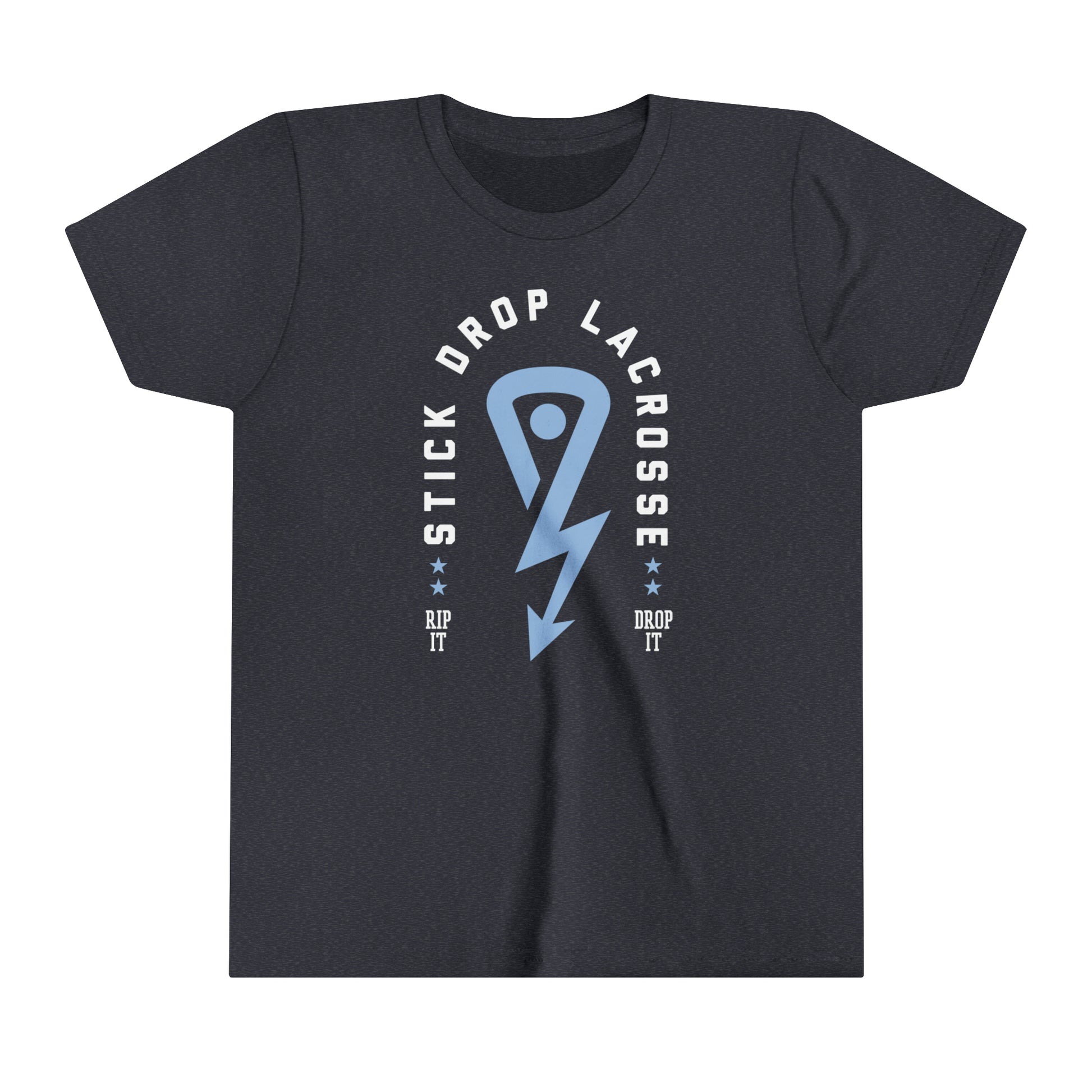 Youth Heather Navy Stick Drop Lacrosse Arch Logo T with white writing and light blue logo