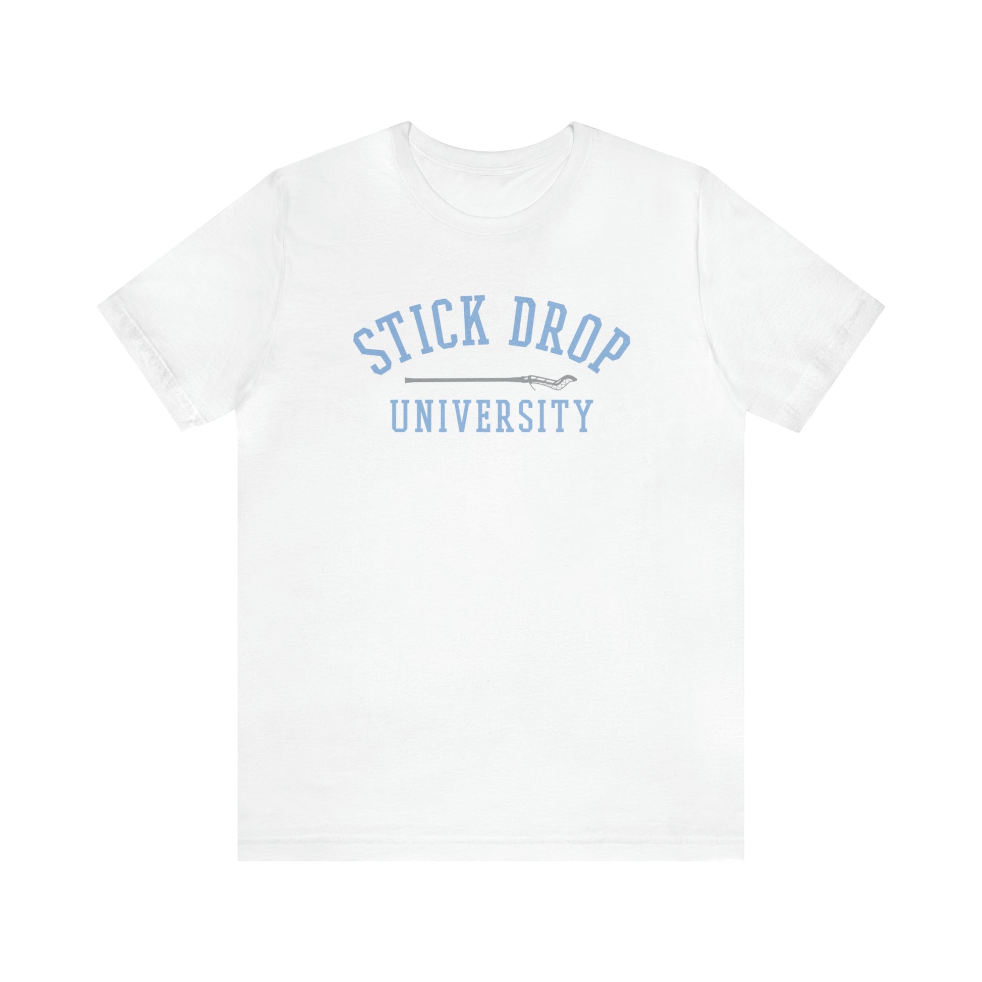 White Stick Drop University T-shirt with light blue lettering