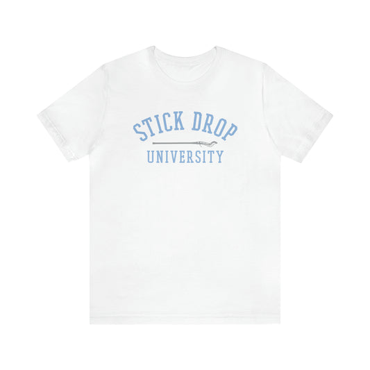 White Stick Drop University T-shirt with light blue lettering