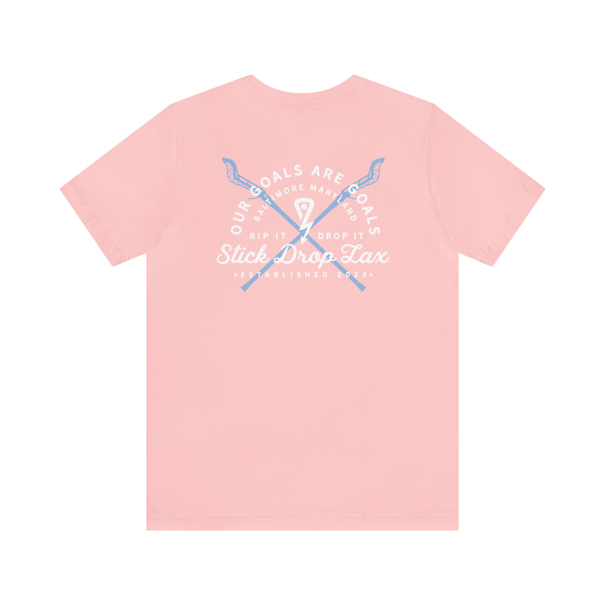 Pink Stick Drop Lax Script Front/Back T-shirt with white lettering and blue lax sticks
