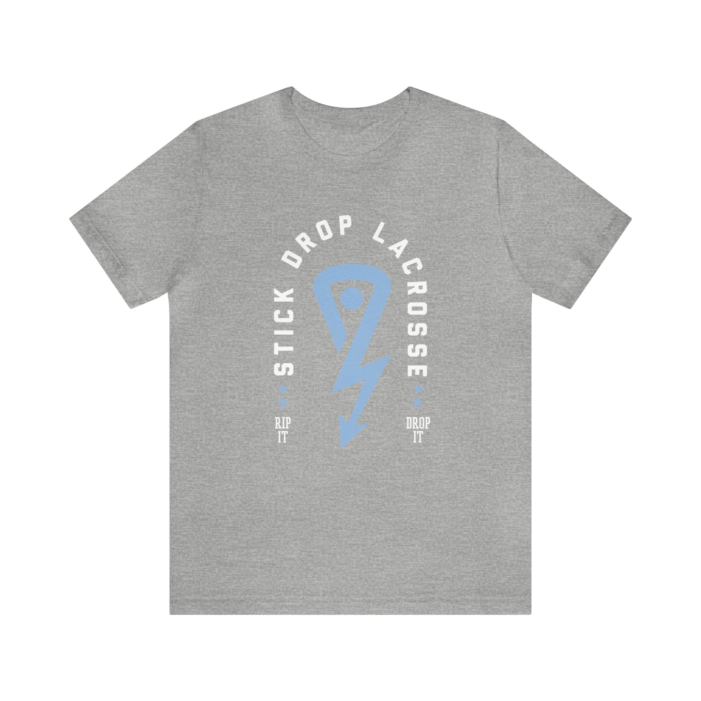 Grey Stick Drop Lacrosse Arch Logo T with white writing and light blue logo
