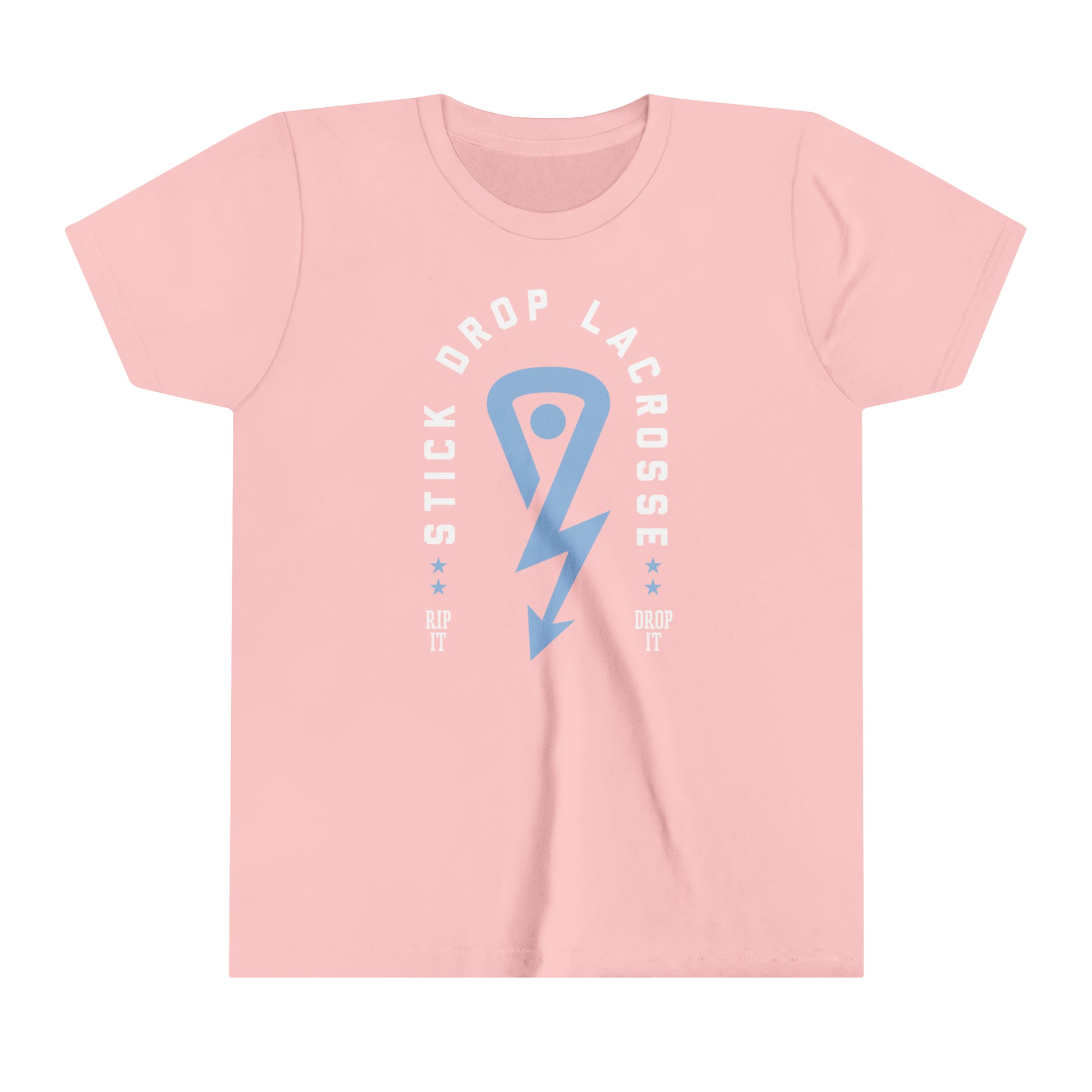 Pink Youth Stick Drop Lax Logo T with blue logo and white lettering