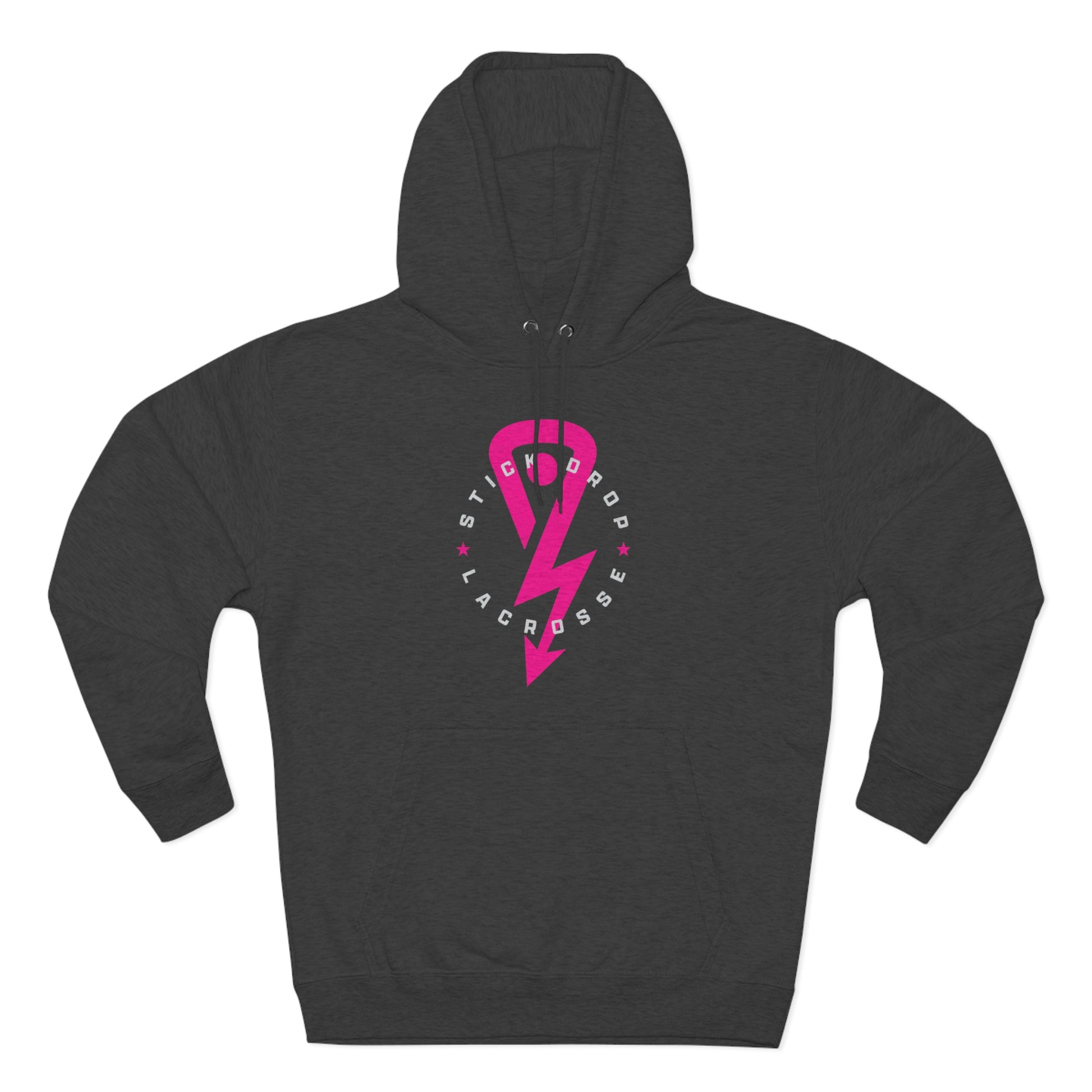 Black Stick Drop Lax Logo hoodie with hot pink logo and white lettering