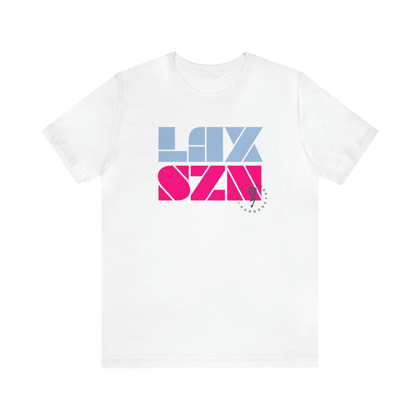 White Lax Season T-shirt with hot pink and light blue lettering