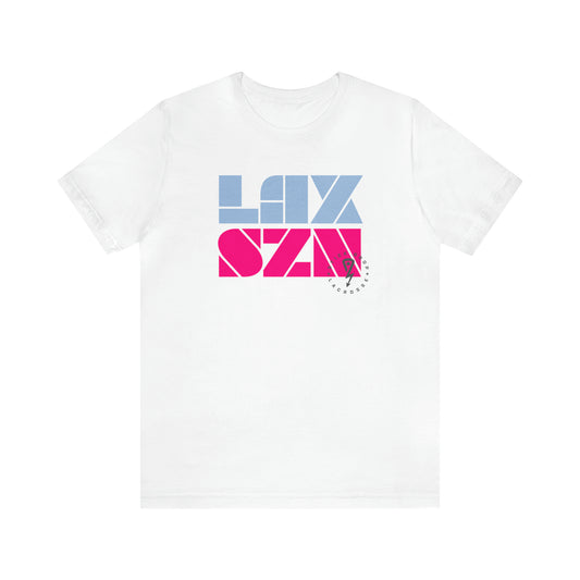 White Lax Season T-shirt with hot pink and light blue lettering