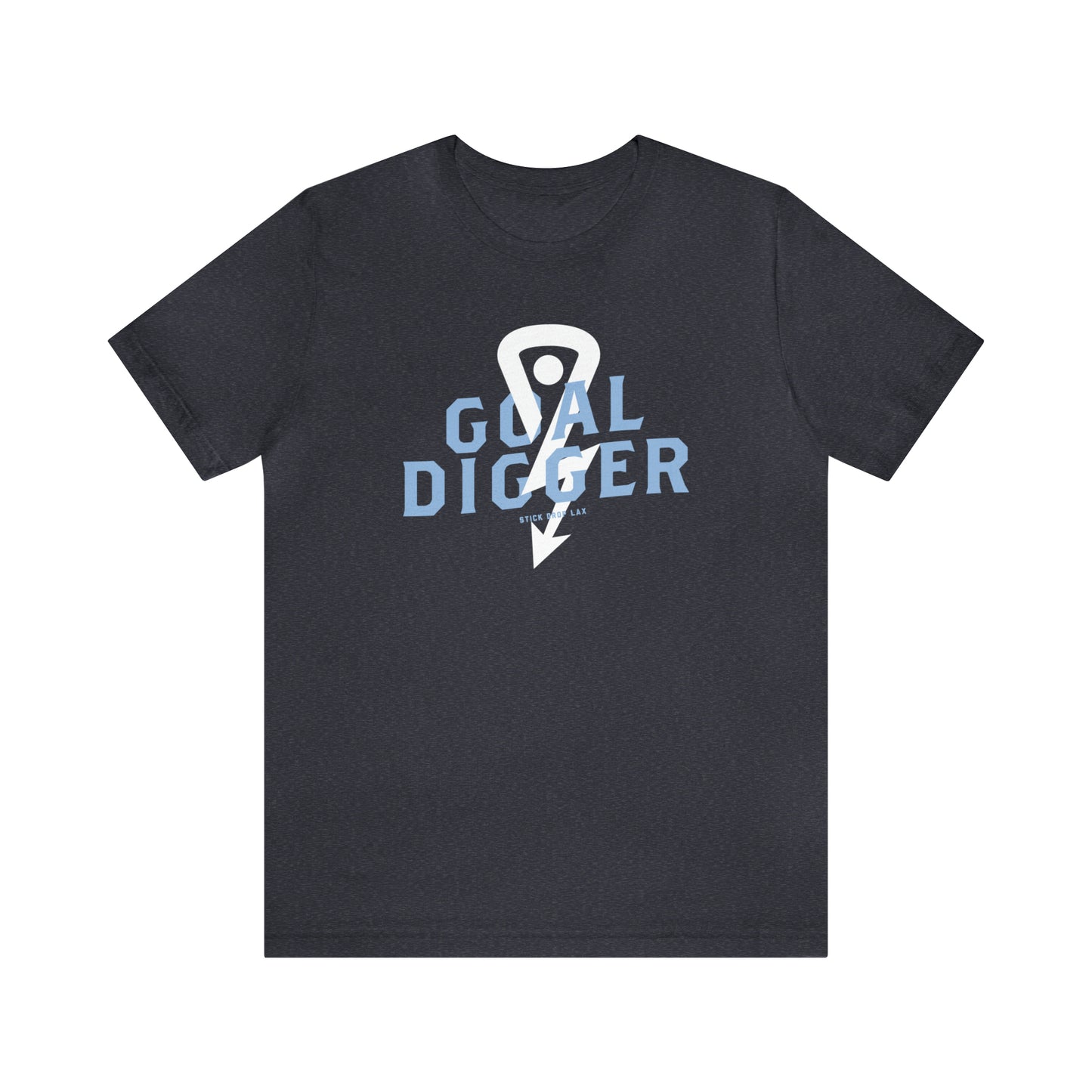 Heathered Navy T-shirt with blue text and light blue logo