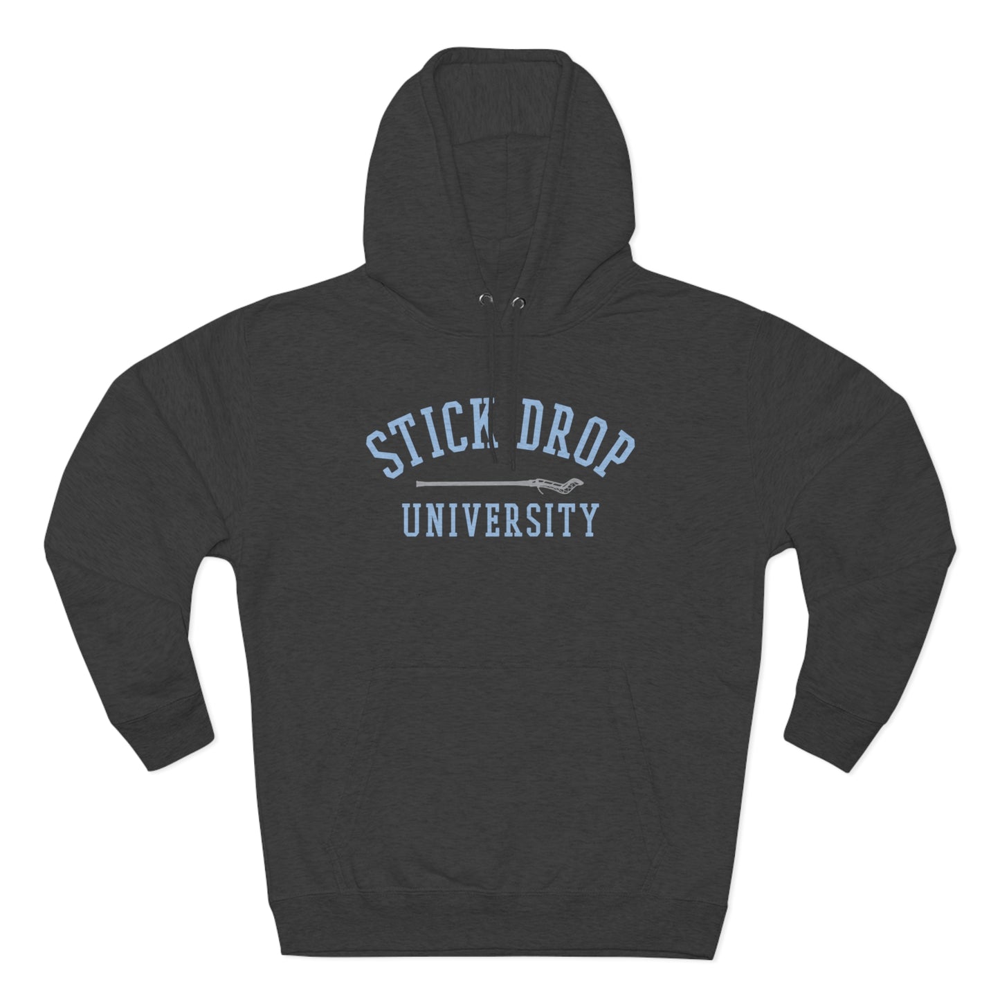 Charcoal Heather Stick Drop Lax Hoodie with light blue lettering
