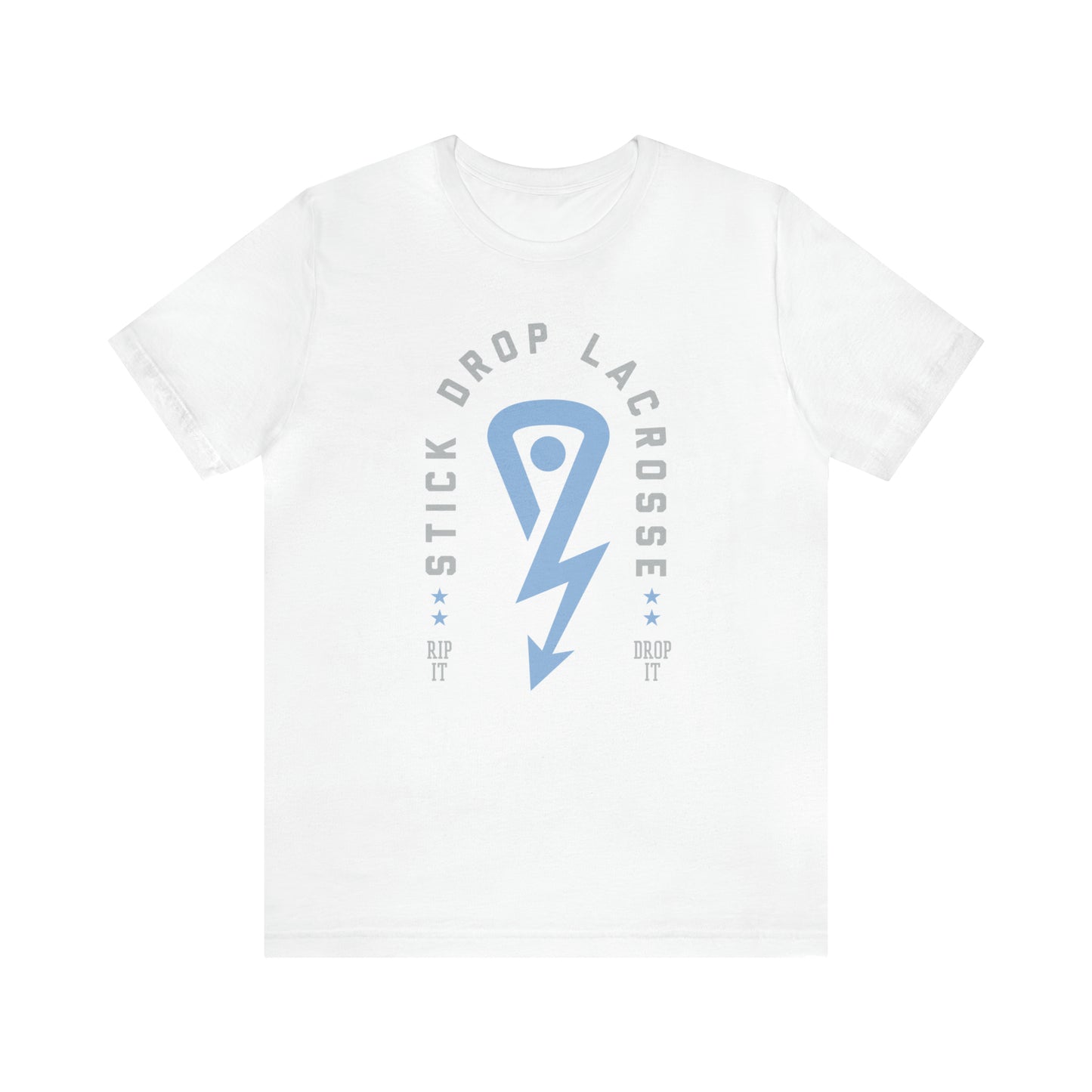 White Stick Drop Lacrosse Arch Logo T with gray writing and light blue logo