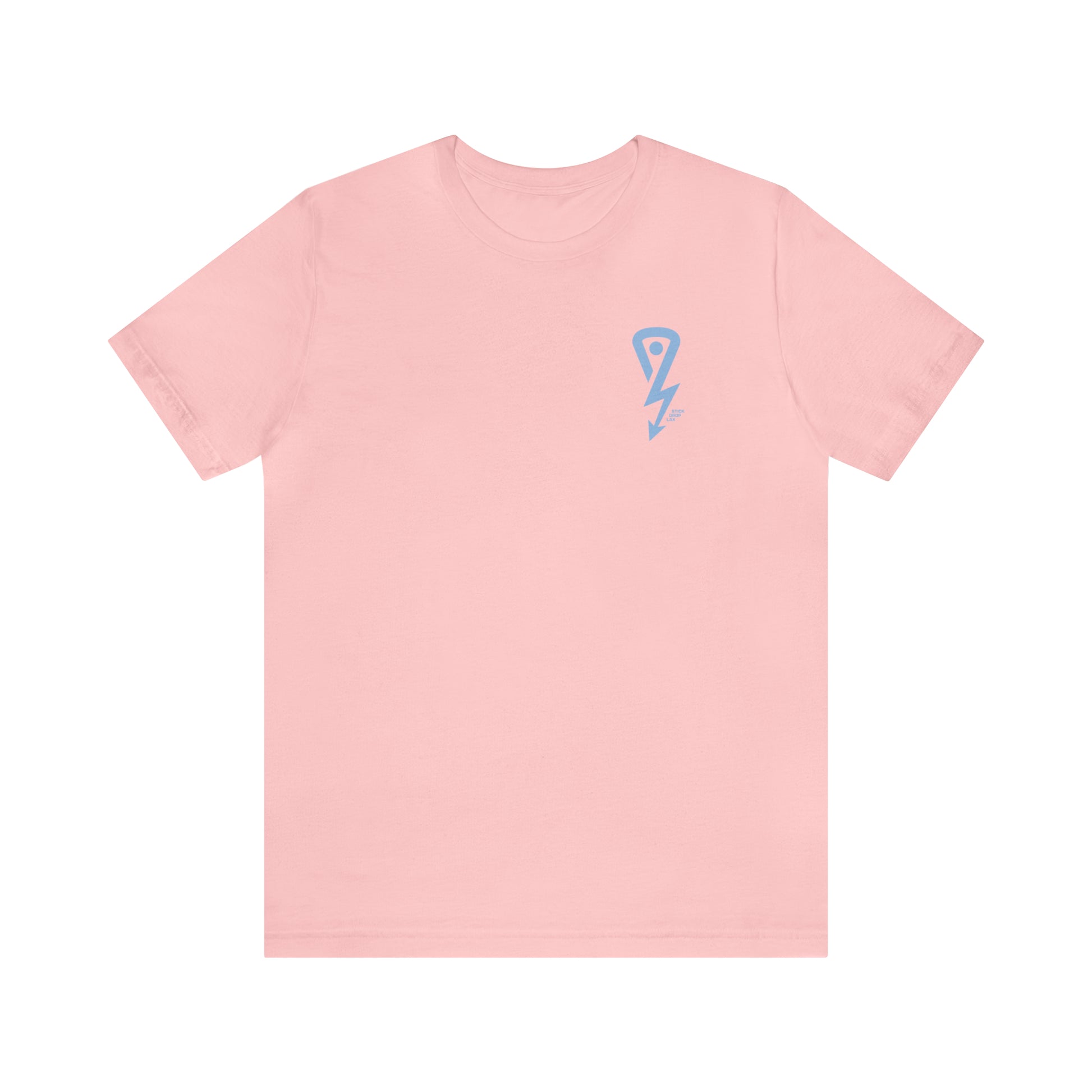 Pink Stick Drop Lax Script Front/Back T-shirt with white lettering and blue lax sticks