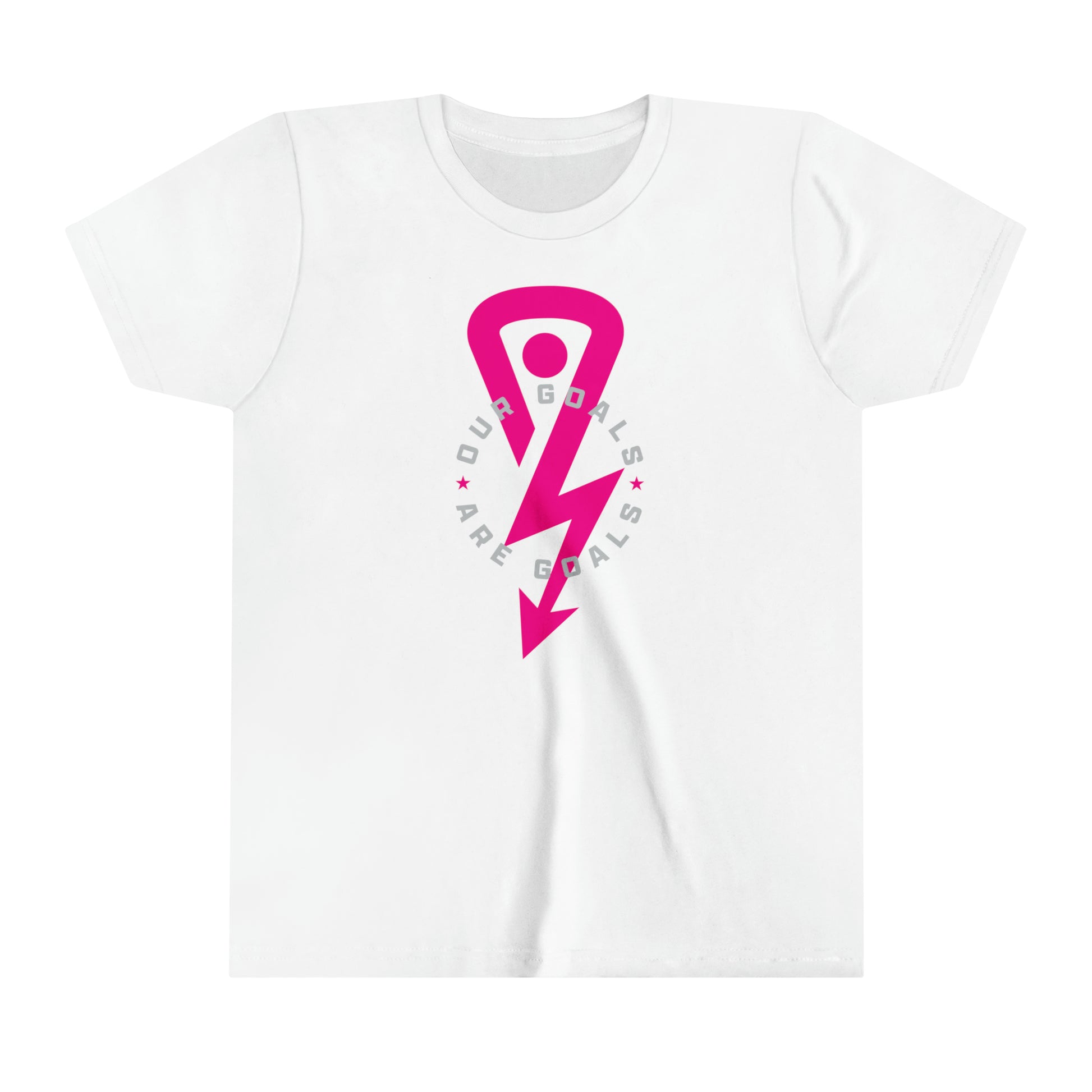 Youth White Our Goals are Goals Short Sleeve T-shirt with hot pink logo