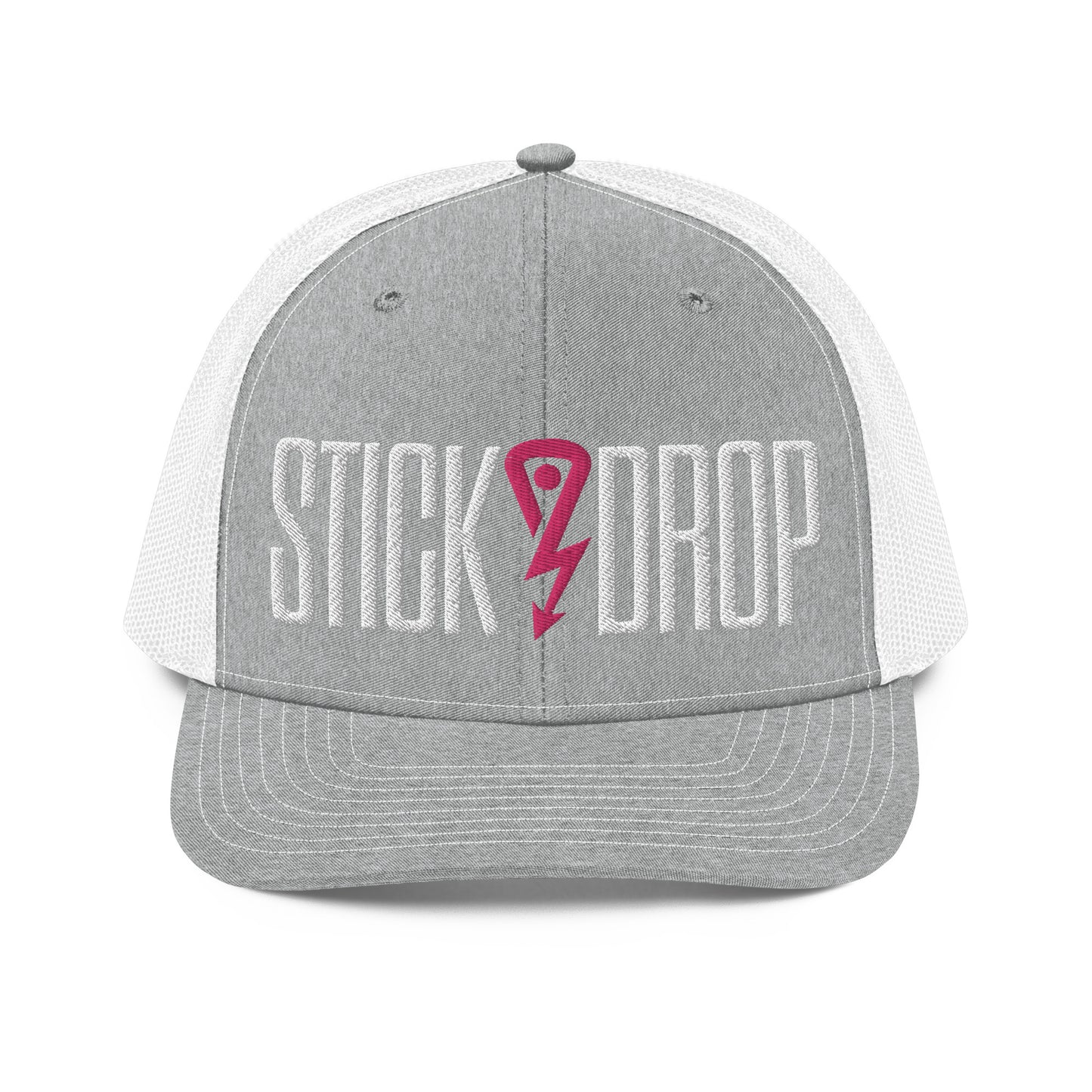 Gray Stick Drop Trucker Cap with white lettering and pink logo