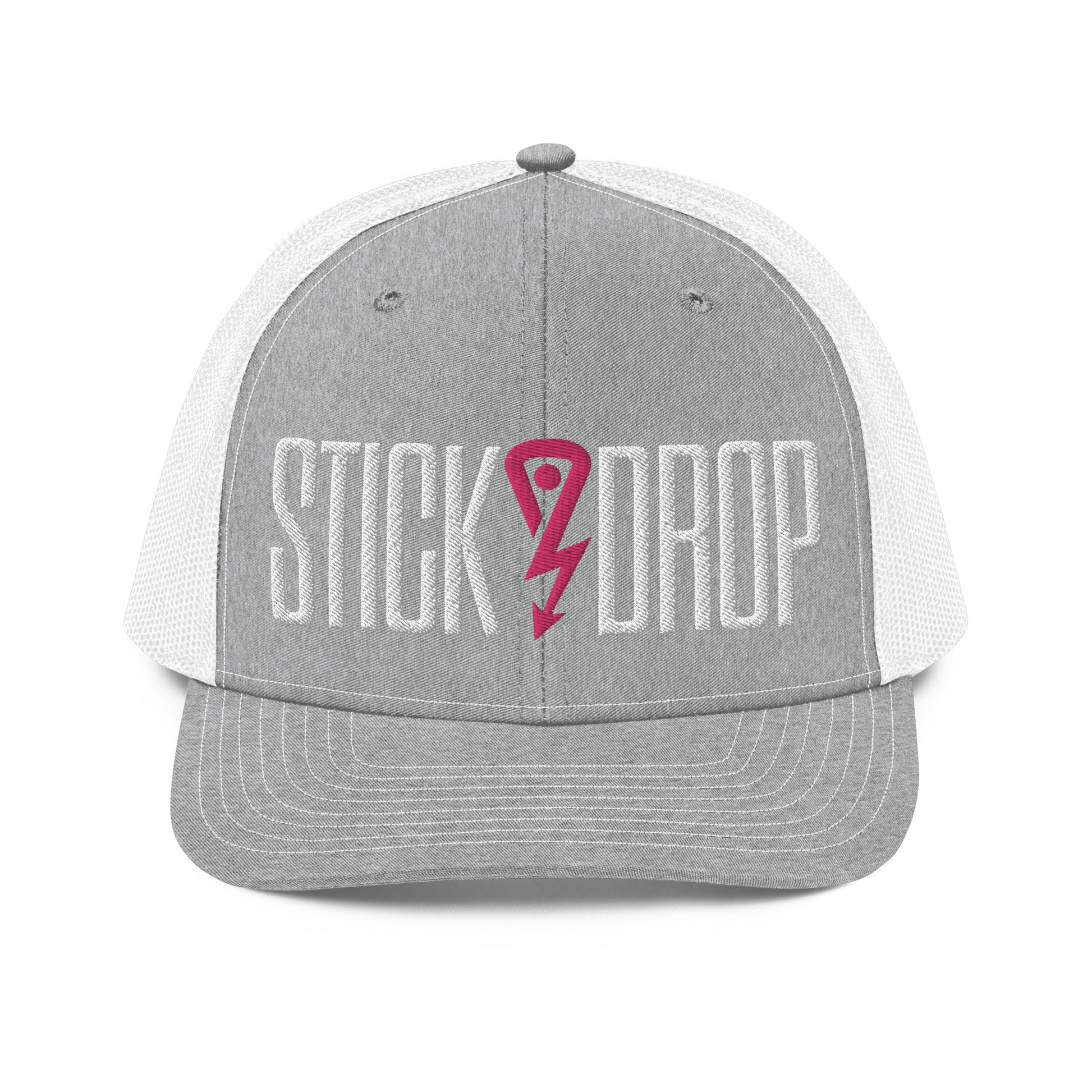 Gray Stick Drop Trucker Cap with white lettering and pink logo